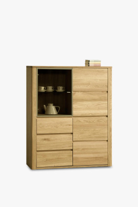 Tömör tölgyfa üveges vitrin 3 fiókkal, étkezőbe, természetes szín